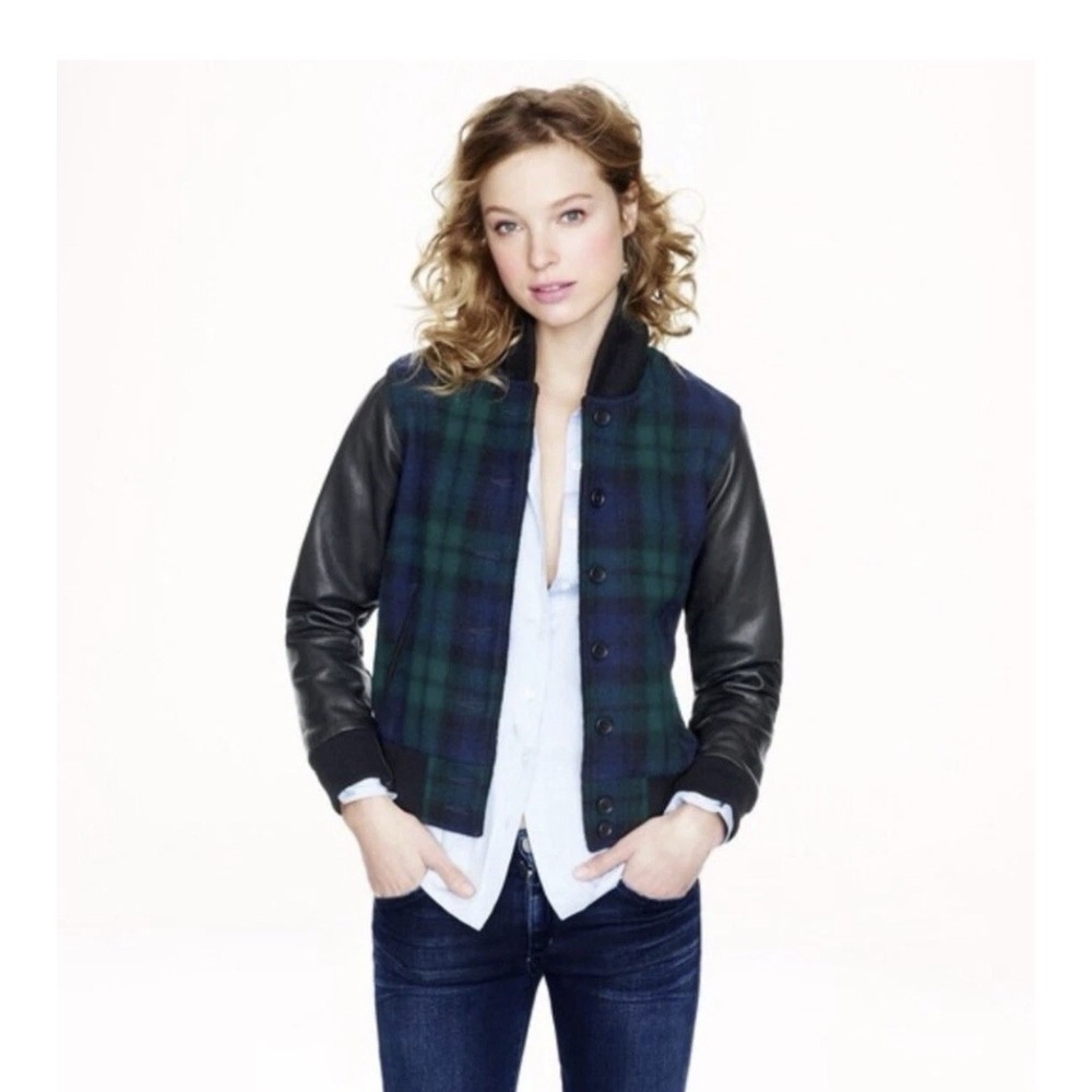 J.Crew Plaid Wool Blend Bomber Jacket Women Medium Navy‎ Green Varsity Preppy